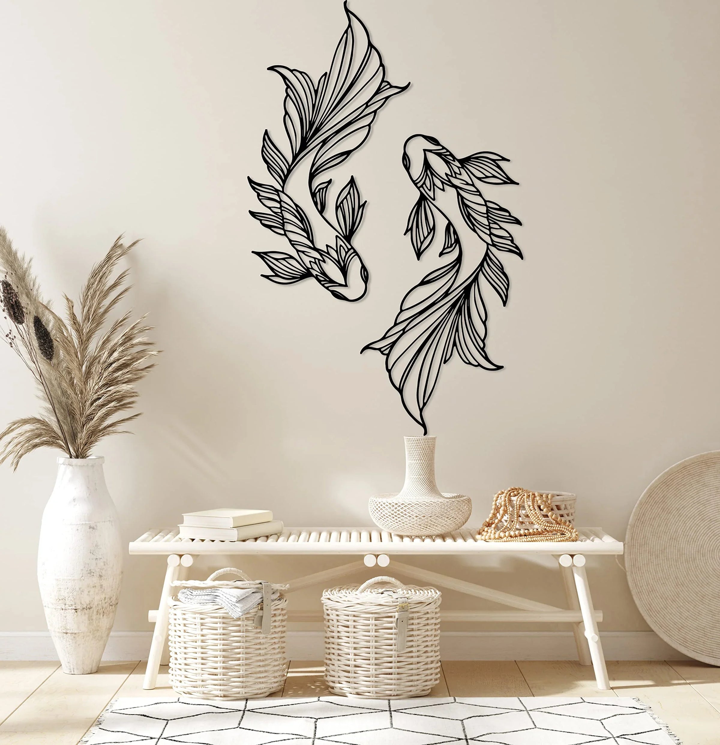 dieren wanddecoratie vissen lijnkunst MDF modern interieur woonkamer