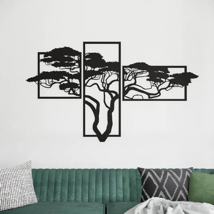 Acacia levensboom wanddecoratie boven bank in moderne woonkamer
