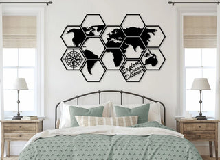 Hexagon Wereldkaart Wanddecoratie | Moderne Zeshoek Wereldkaart Zwart