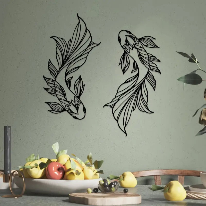 set van twee koi vissen wanddecoratie MDF zwart boven een kast in woonkamer