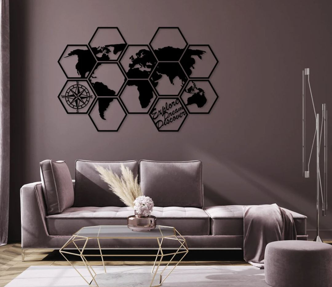 Geometrische wereldkaart muurdecoratie hexagon stijl zwart MDF voor woonkamer of slaapkamer