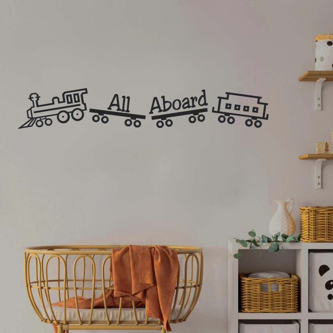 trein muurdecoratie kinderkamer zwart modern met tekst all aboard