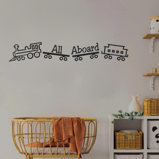 trein muurdecoratie kinderkamer zwart modern met tekst all aboard