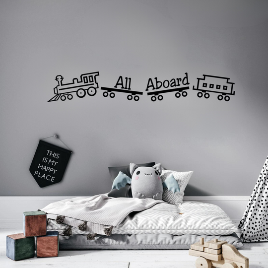 trein wanddecoratie kinderkamer zwart modern all aboard muurdecoratie