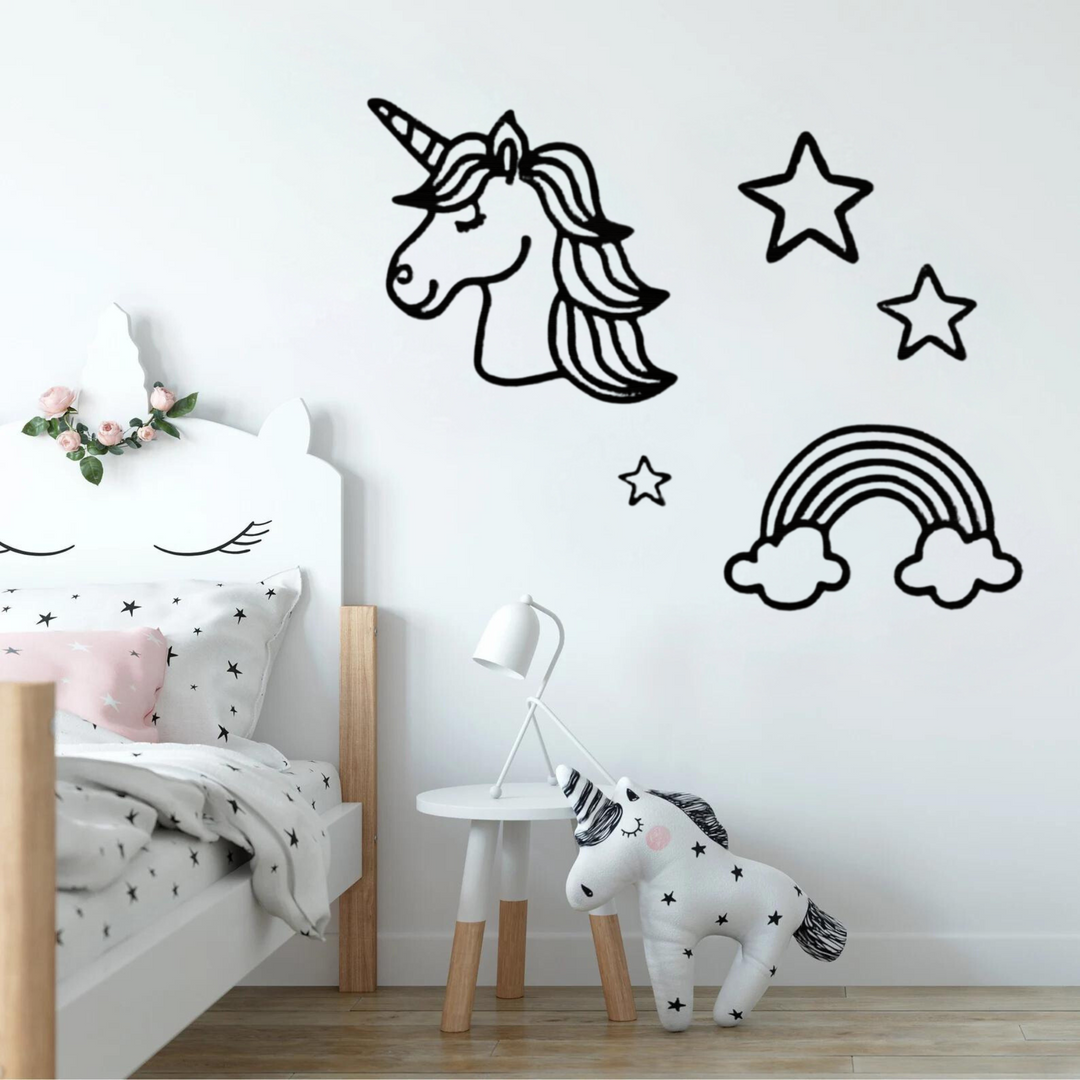 unicorn muurdecoratie babykamer zwart met sterren en regenboog decoratie