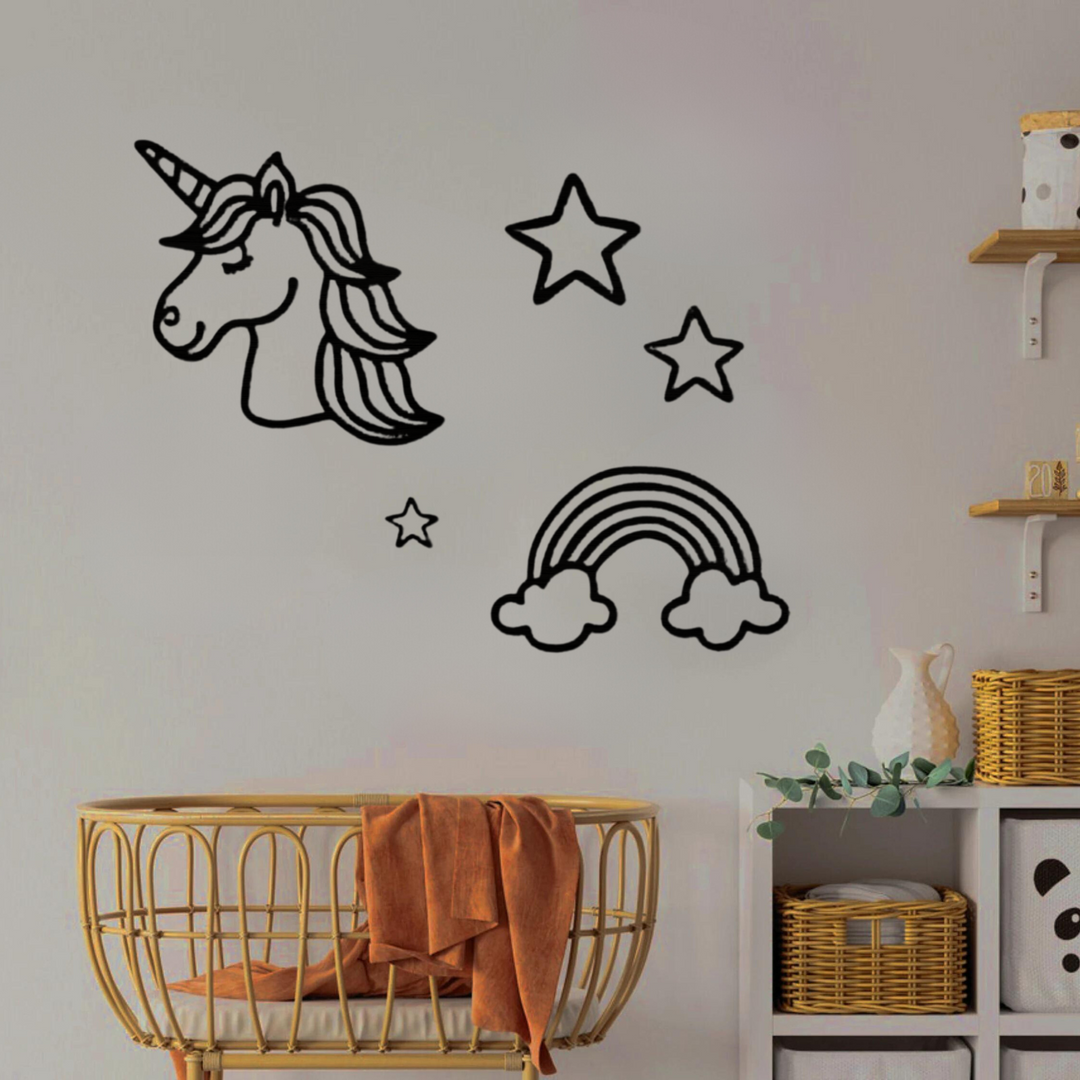 unicorn wanddecoratie kinderkamer zwart modern met sterren en regenboog