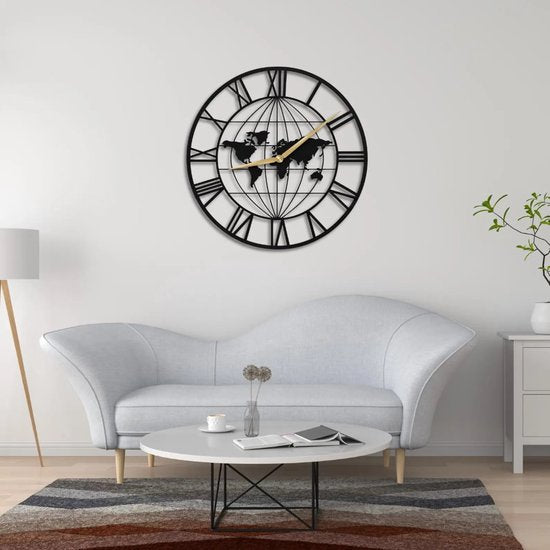 Wandklok Wereldkaart 50 cm – Zwarte MDF Wereldklok – Romeinse Cijfers – Industriële Wanddecoratie – 3 mm MDF