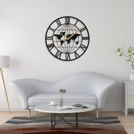 Wandklok Wereldkaart 50 cm – Zwarte MDF Wereldklok – Romeinse Cijfers – Industriële Wanddecoratie – 3 mm MDF