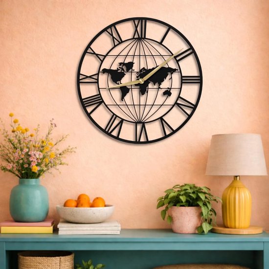 Wandklok Wereldkaart 50 cm – Zwarte MDF Wereldklok – Romeinse Cijfers – Industriële Wanddecoratie – 3 mm MDF