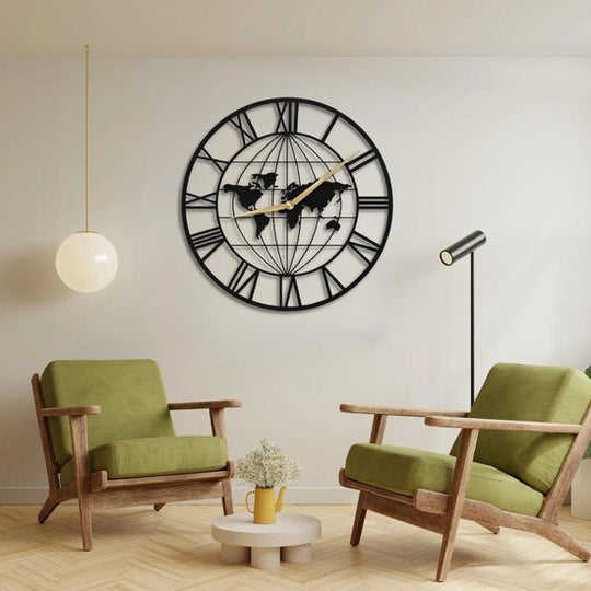 Wandklok Wereldkaart 50 cm – Zwarte MDF Wereldklok – Romeinse Cijfers – Industriële Wanddecoratie – 3 mm MDF